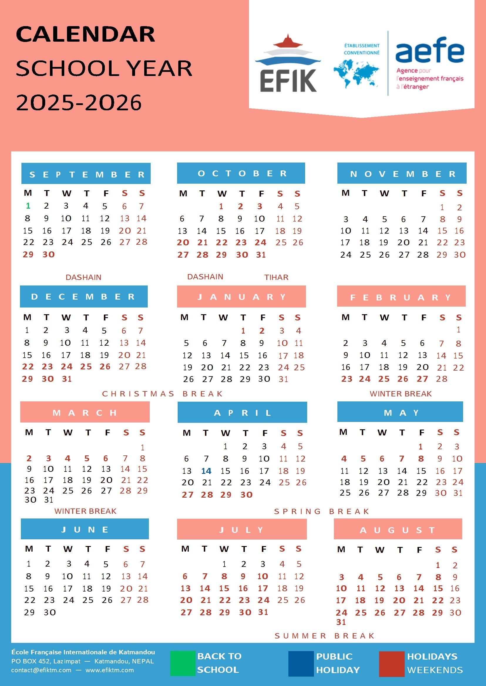 calendar schedule french school